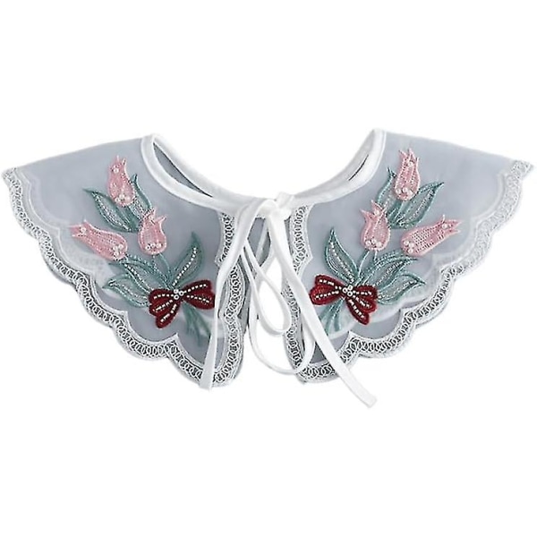 Blommig spetsmönster broderad falsk krage med pärlpärlor - Universal avtagbar tröja tröja krage för kvinnor