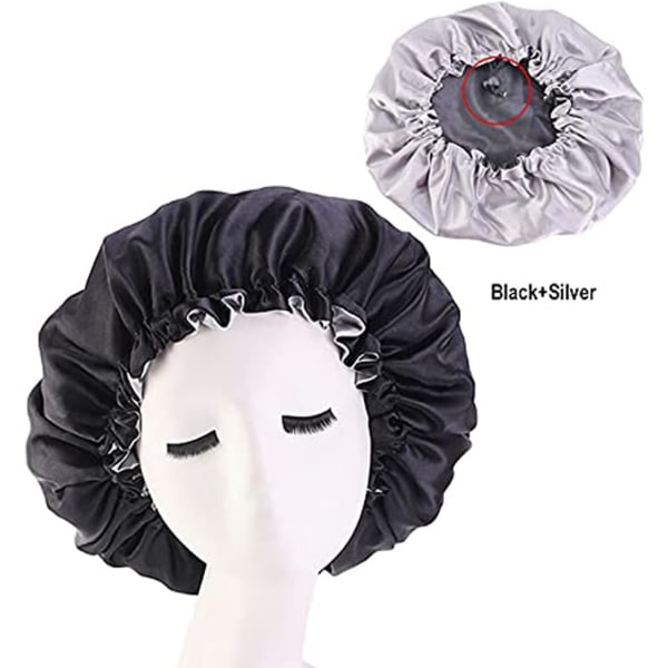 Dame Dobbelt Lag Satin Bonnet Søvn Hue til Langt Krøllet Hår 2 Farve Reversible Justerbar Silke Satin Hue Ekstra Stor (2PC-sort+rød)