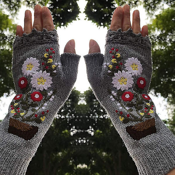 Stretchy blomsterbroderede håndvarmere fingerløse strikkede handsker Blød vante Gray