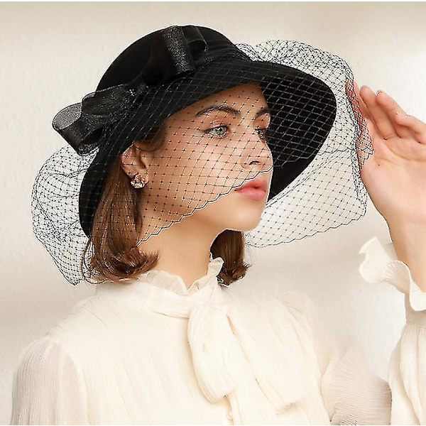 Topphatt Elegant Lätt Lyx Ullhatt Bankett Topphatt Bassänghatt Tulle Mesh Hatt black