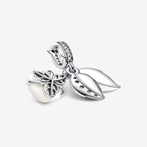 Pandora - White Rose in Bloom Double Dangle Charm - Sterling Silver