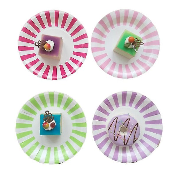 9-tommers fargerike tallerkener - Bursdagsfestutstyr med stripete snackkake-desserttallerkener og -brett for barn