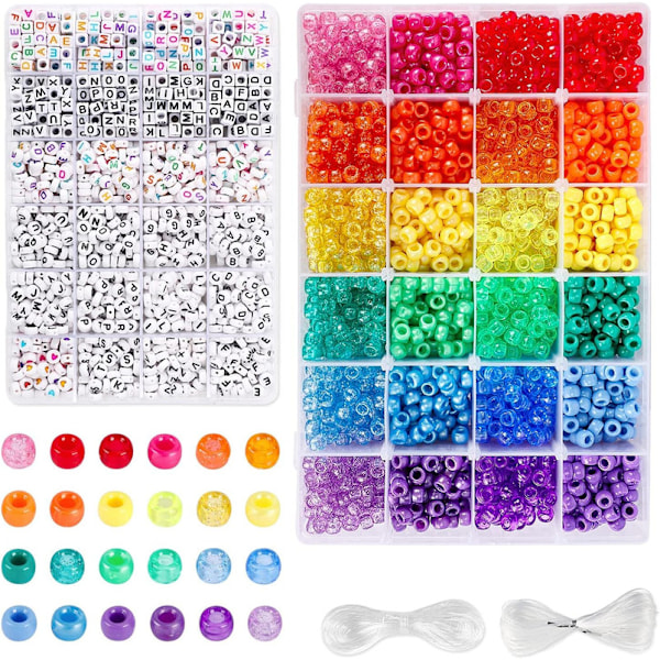 4000 stk Pony Beads Kit, 2400 stk Rainbow Kandi Beads og 1600 stk Bokstavperler, 24 farger Plast Craft Beads Bulk for Armbånd Smykker Laging med 20