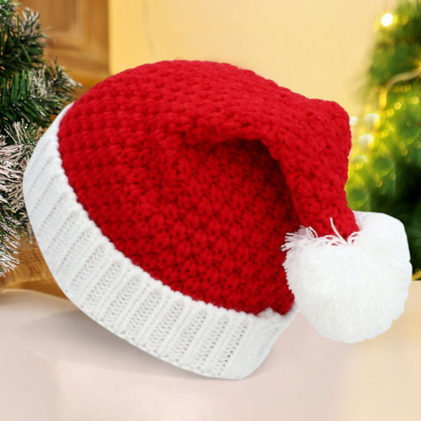Julklappsmössa Stickad Vit Pompom Handgjord Flanging Termisk Klä Upp Kostym Tillbehör Ullgarn Kvinnor Män Unisex Jultomtehatt För Utomhus Red One Size