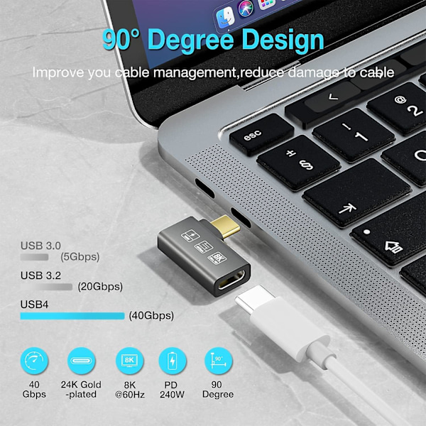 USB4 8K Udvidelseskontakt 2 stk./pakke 90 graders albue han og hun Thunderbolt 4 kompatibel Type C konverter 8K@60Hz video 240w hurtig opladning 40gbp