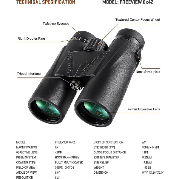 8x42 kikkert for voksne | Vanntett tåketett | Bak4 Takprisme | Fmc Optikk | Stativ Tilpassbar Profesjonell Kraftig Bino For Utendørs Jakt Hiki