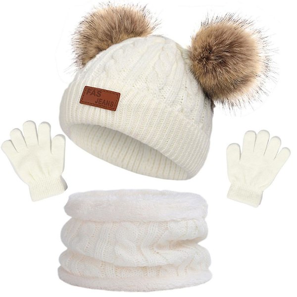 Barn Pojkar Flickor Stickad Mössa + Halsvärmare Halsduk + Handskar Set Vinter Varma 1-5 År White