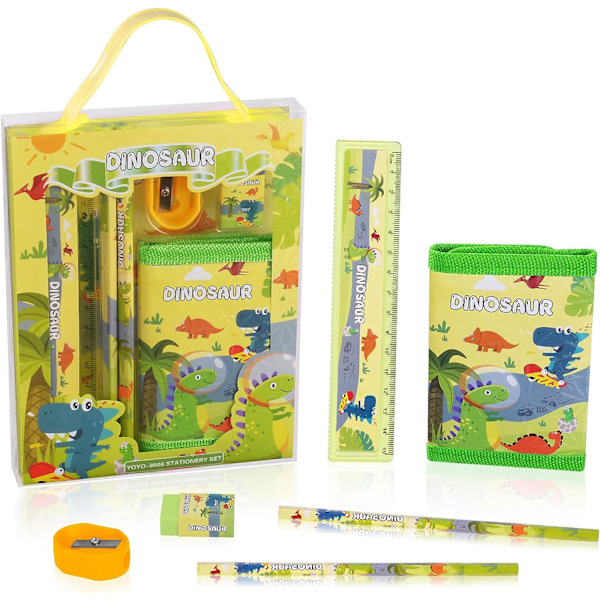 Dinosaur Stationery Set, Stationery Gaveæske, Inkluderer 2 stk. Penalhus, Linealer, Viskelæder, Blyantspidser og Møntpung