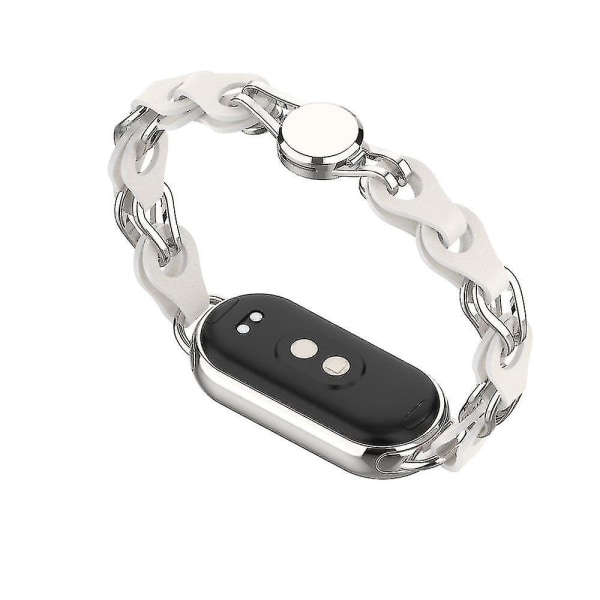 For Xiaomi Smart Band 8 Magnetic Watch Band Ekte kuskinn + kjedearmbånd i aluminiumslegering White