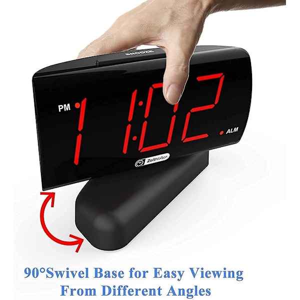 LED Digital Väckarklocka med Svängbar Bas, Röd LED-Display, Stora Siffror för Äldre, Stor Rund Knapp, Dimmer Ljusstyrka, Justerbar Volym, Snooze