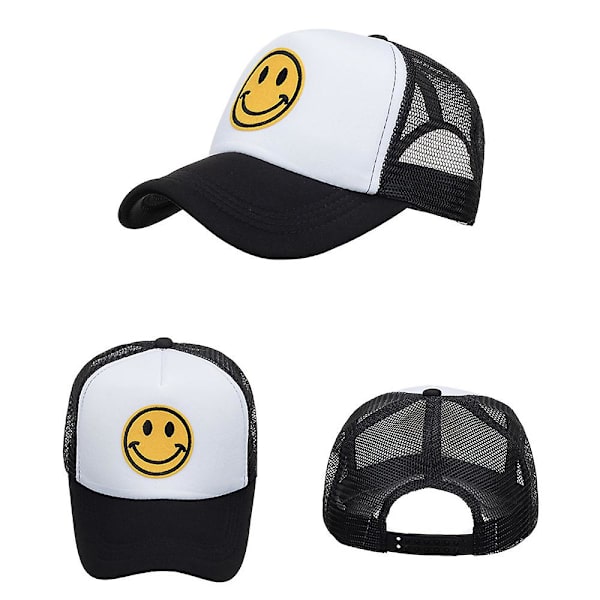 Smiley Face Trucker Hat Sommar Justerbar Mesh Baseball Cap Black and White