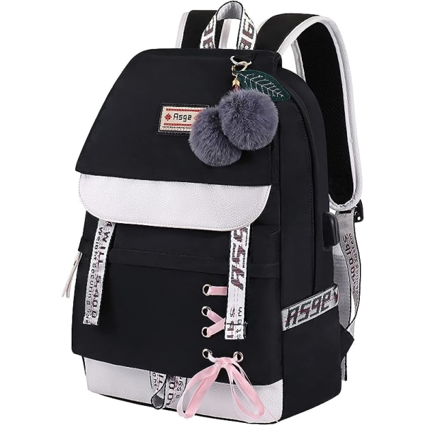 Koululaukku yläkoululaisten vapaa-ajan reppu tytölle suuri kapasiteetti matkareppu (musta) Black