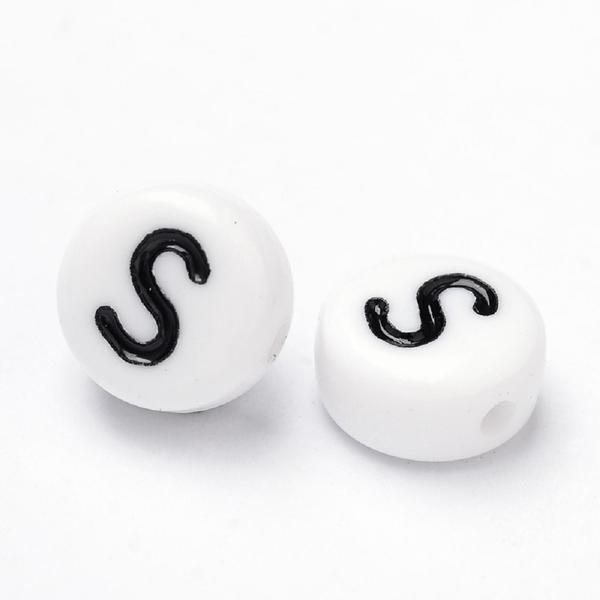 100 pcs White letter beads "S" in acrylic with black text