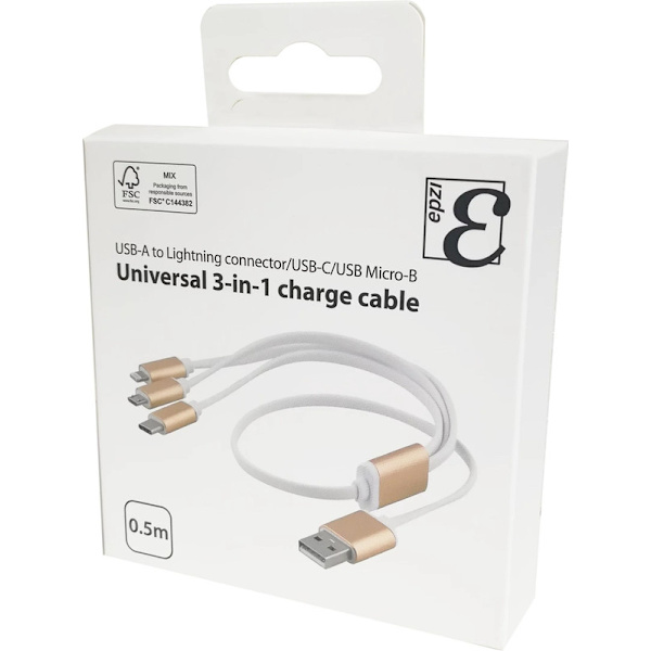 EPZI Multiladdare, USB-C, Lightning, Micro USB, USB-A, 50 cm, vit 30