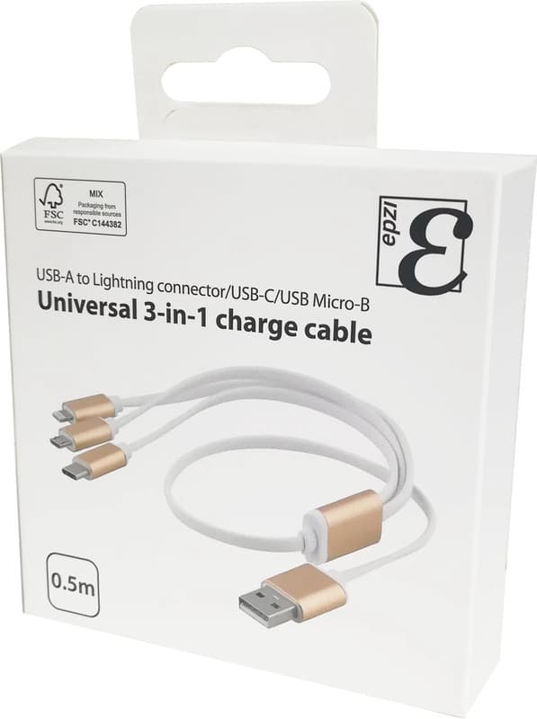 EPZI Multilader, USB-C, Lightning, Micro USB, USB-A, 50cm, hvit 30