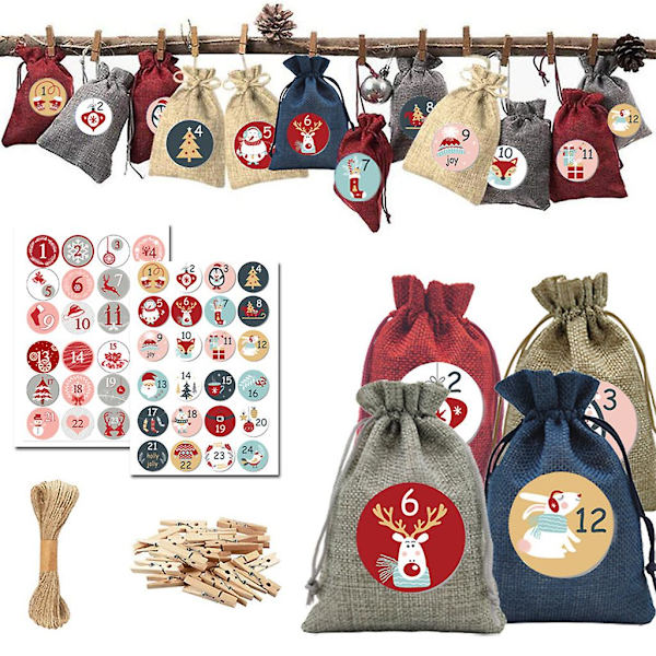Julekalender Gaveposer Sæt til DIY-fyldning Stofpose Xmas Gaveposer