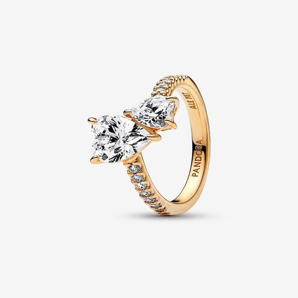 Pandora - Dobbelt glitrende hjerte ring - 14k guldbelægning Circumference: 50mm