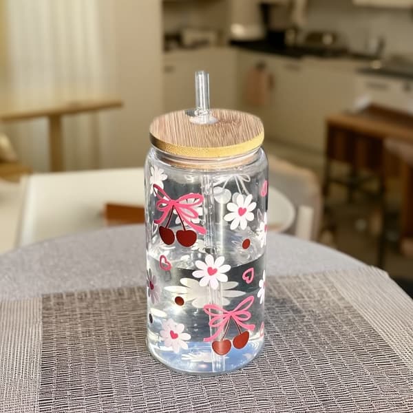 500 ml burkformade glas, dricksglas med bambulock och sugrör av glas, läsk (1 st)