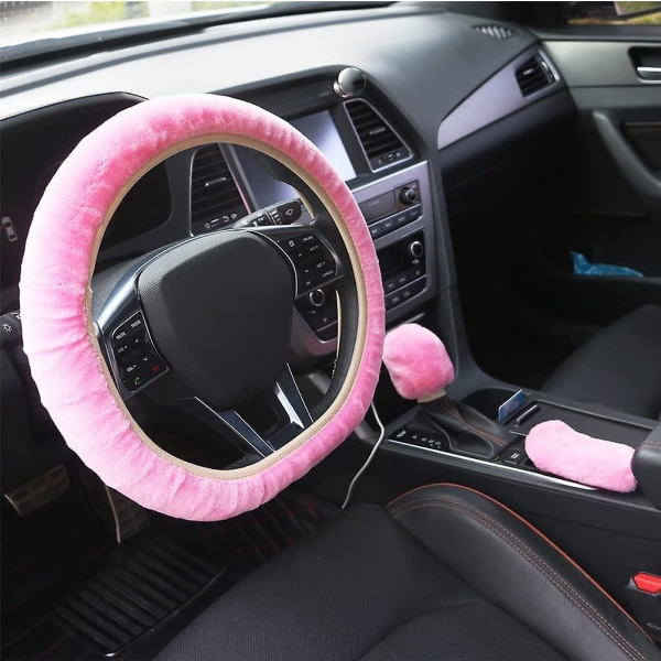 (pink) 3 Pack Fluffy Plush Car Steering Wheel Covers For Universal Size M 36-40cm With Handbrake Cover And Gear Shift Cover