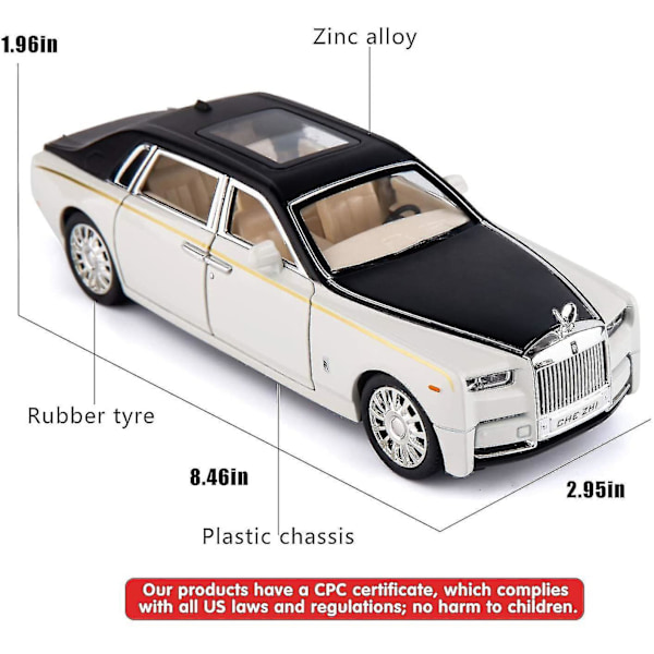 1/24 Rolls-Royce Phantom modellbil, zinklegering dra tillbaka leksaksbil med ljud och ljus för barn pojke flicka present (vit)