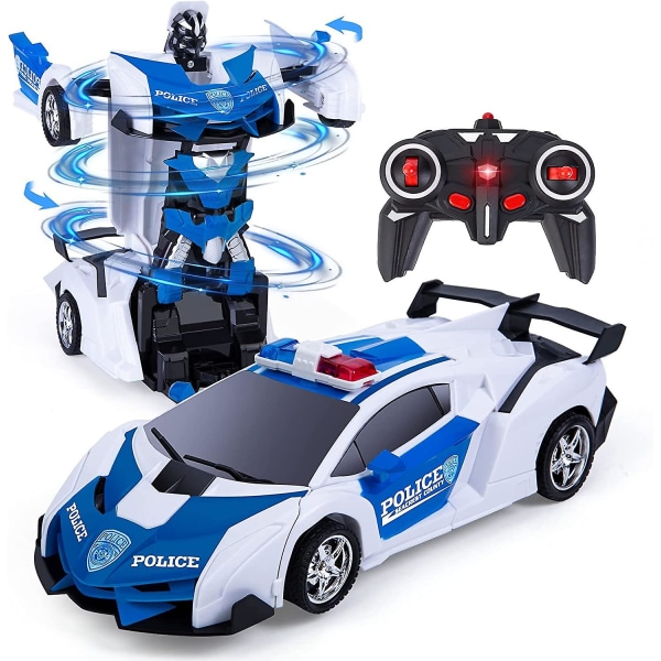 2-i-1 bil (hvid) fjernbetjeningsrobot, 1:18 Transformer legetøjsgave til drenge piger 3 4 5 6 7+ år gammel, Rc bilrobotlegetøj Transformerbar 2,4ghz Police Ca