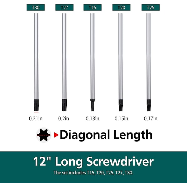 Ekstra lange Torx-skruetrækkersæt, 5 stk. 12 tommer magnetiske Torx-skruetrækkersæt, T15 - T30 (t15,t20,t25,t27,t30) Magnetisk Torx-skruetrækkersæt