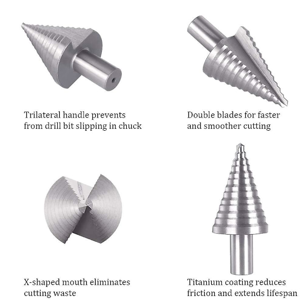 Trinvis Bor, 3stk (4-12/20/32mm) dobbeltsporet konisk trinvis bor med HSS titaniumbelægning, automatisk centerpunch og spiralbor inkluderet