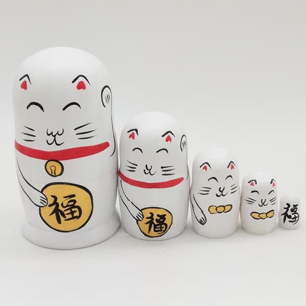 5-pack Nesting Dolls Handmålade Heminredning Trä Lyckokatt Matryoshka Present För Butik