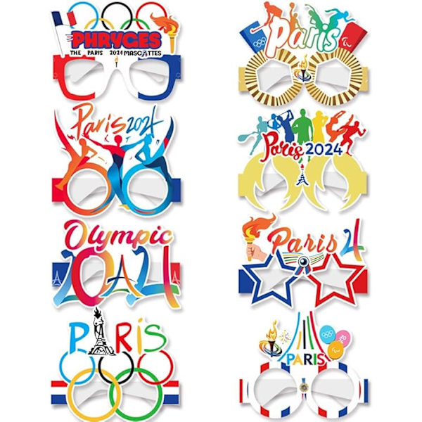 Franske 2024-spil temafestbriller, papirbrilleglas, 2024 olympiske tema dekorationer (8 stk.)