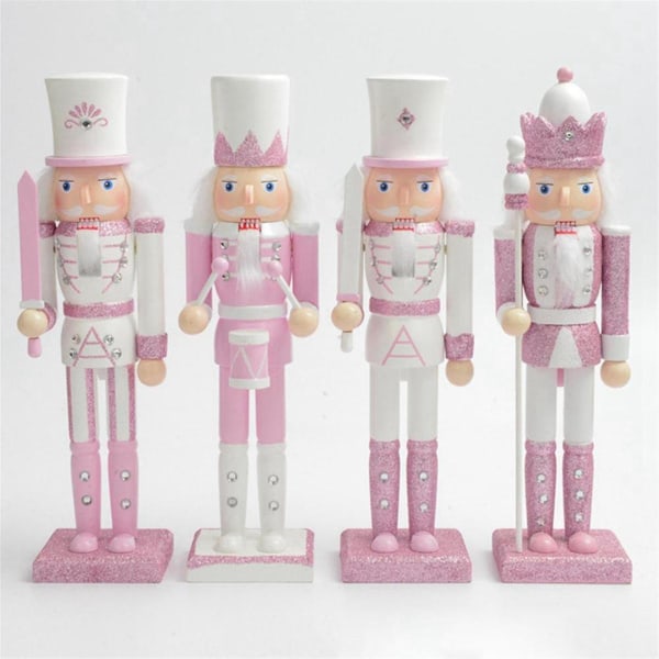 30cm Pink Træ Nøddeknækker Figur Hvidt Hår Rhinestone Indlagt Dukke Nøddeknækker Dukke Legetøj Orname Pink