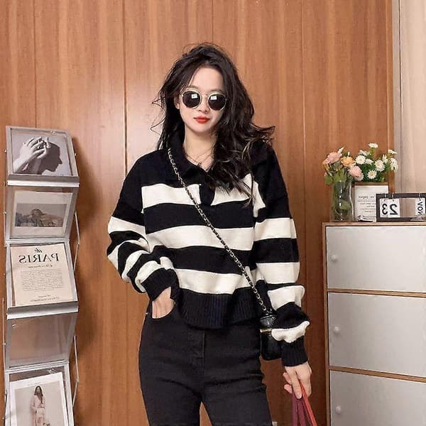 Pullover Lazy Stribet Sweater Kvinder Efterår Blød Strik Versatil Kort Langærmet Sweater Pullover Kvinde gray One Size