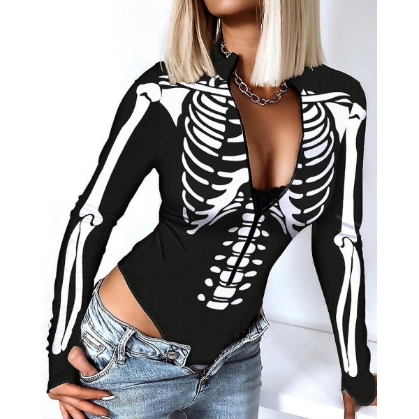 Kvinder Top Romper V-hals Skaller Slank Casual Halloween Skeletprint Lynlås foran Langærmet bodysuit Sexede bodysuits