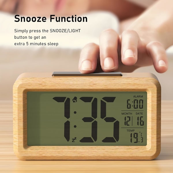 Vækkeur, Digitalt Vækkeur Batteri Træ med Temperatur, Dato, Lyssensor, Baggrundsbelysning, Snooze Funktion, 12H/24H