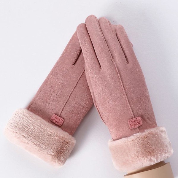 Thermal för kvinnor extra tjock med pekskärmshandskar i fleece, anpassning av handskar i koreansk stil i bomullsmocka Fur mouth single rib pink