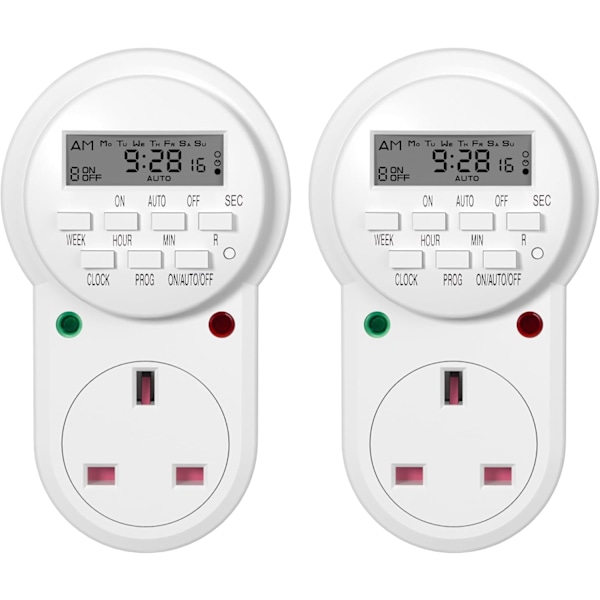 Viikoittain ohjelmoitava elektroninen digitaalinen verkkovirtapistoke LCD-näytöllä, 24 tuntia / 7 päivää, 9 päälle/pois-ohjelmalla (13A/3120W, 2 kpl) white 2