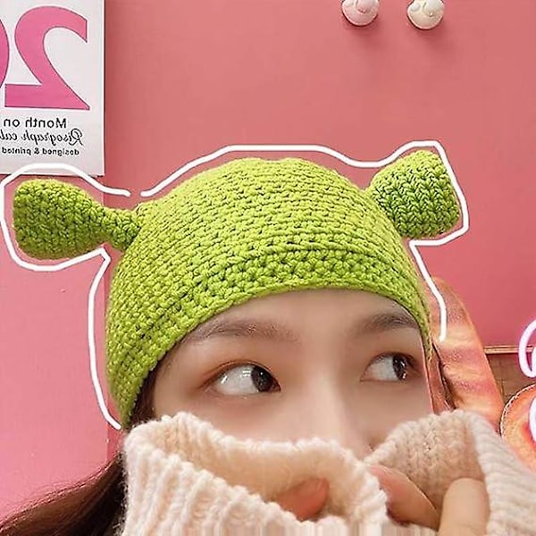 Unisex käsin neulottu Shrek-hattu - lämmin ja kestävä käsin neulottu pipo - villainen talvihattu naisille ja miehille - vihreä, M