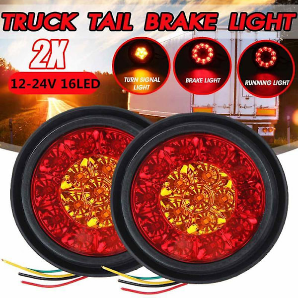 2 st 16 LED Dubbla Färger Bakljus Runda Bakljus för Lastbilar Broms Stopp
