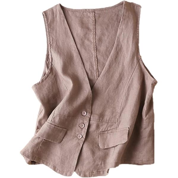 Dame Bomuldslinned Vest Casual Løs V-hals Ærmeløs Veste Jakke Khaki X-Large