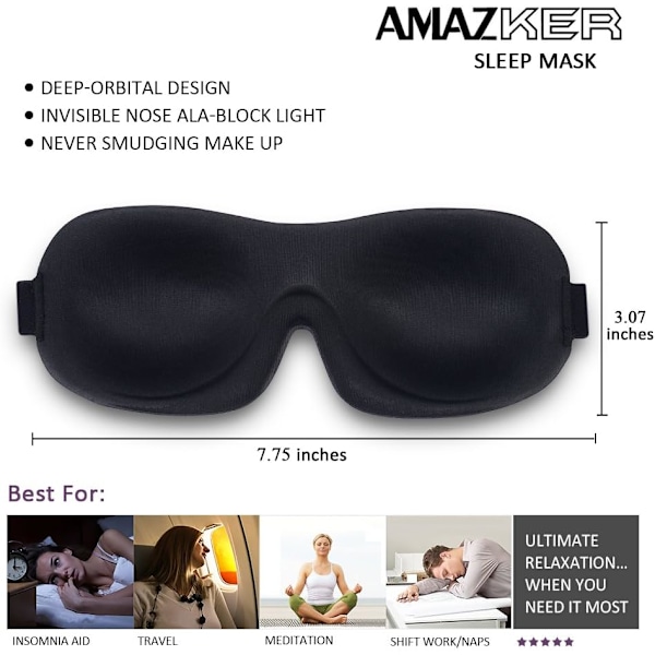 leep Mask Invisible Alar Deep Orbit 3D -silmämaski, erittäin kevyt ja mukava unimaski, silmäunimaski matkustamiseen, päiväunille, vuorotyöhön black