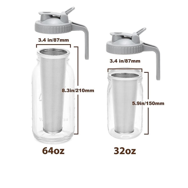 Kallbryggkaffefilter med hällpiplock för 64 oz bred mun Mason-burk, 304 rostfritt stål Str GreySilver