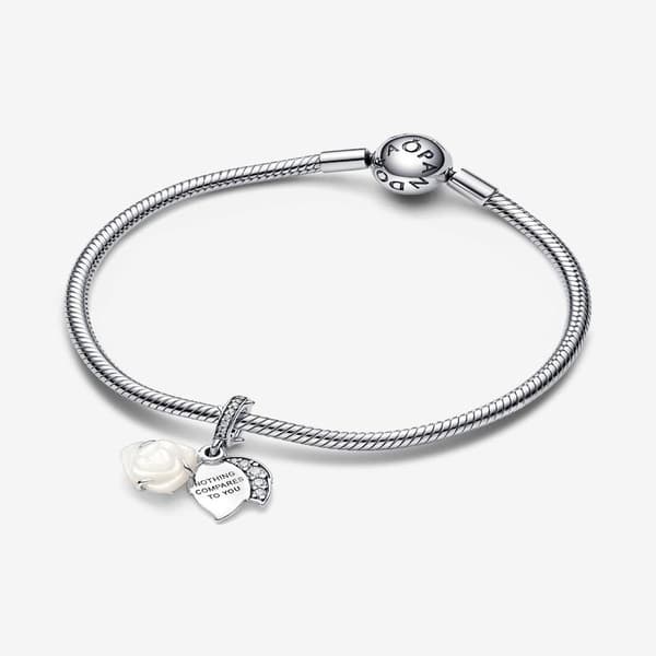 Pandora - White Rose in Bloom Double Dangle Charm - Sterling Silver