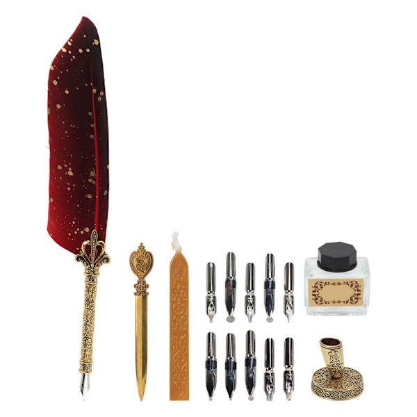 Fjäderpenna Set Utsökt Retro Smoothing Writing Fjäderpenna Kalligrafi Penna Kit med Flera Utbytbara Spetsar Röd