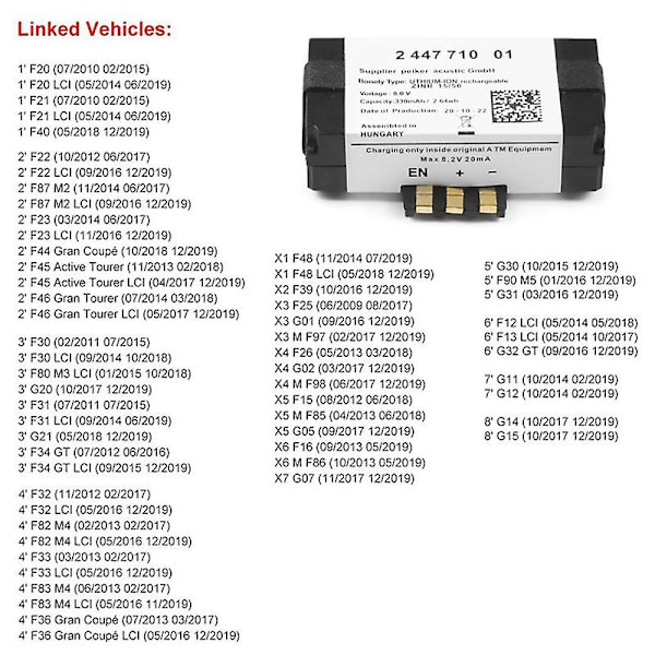 SOS Nödbatteri 84102447710 84109361678 för F20 F22 F40 G30 F90