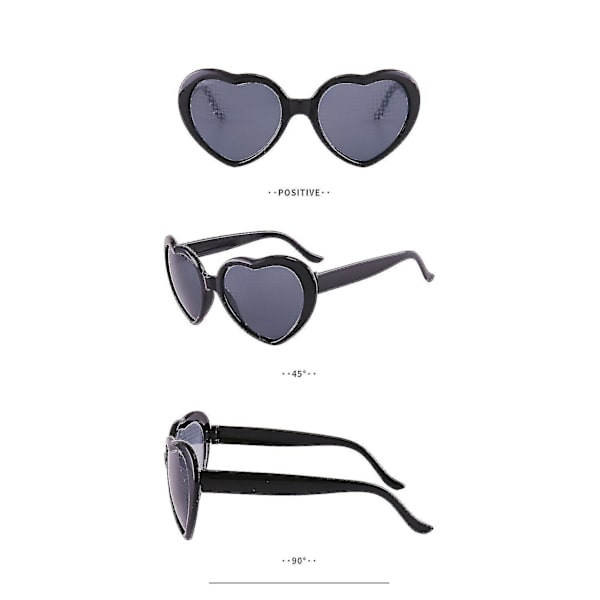 Hjärtformade glasögon med ljuseffektdiffraktion, persikaformade specialeffektglasögon, 3d hjärtformade solglasögon Black