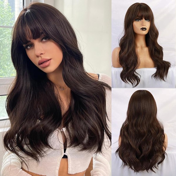 60 cm Mörkbrun Syntetisk Naturlig Lång Vågig Peruk med Rak Lugg för Kvinnor Dark Brown
