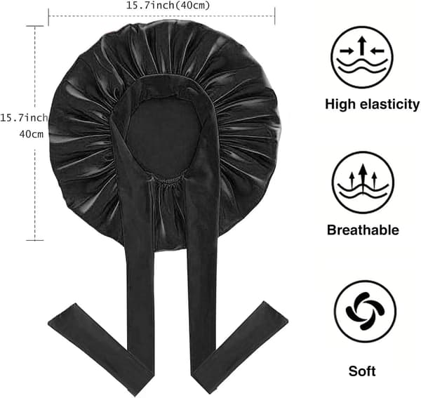 Satin Bonnet, Silke Søvn Bonnets til Kvinder, Justerbar Satin Nattehætte Blød Elastisk Bånd Silke Bonnets til Sovning, Hår Bonnet med Bindebånd black