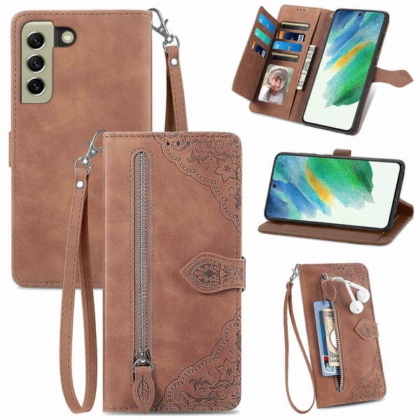 För Samsung Galaxy S21 FE 5G Präglad Blommig Stötsäker Läderfodral Brown
