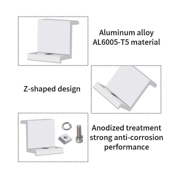 4 Deler Solcellemodulholder Endeklemmesett, Solcellepanel Kantklemmefester, Solcelle Endeklemme Justerbar Silver