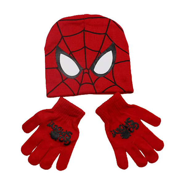 2 stk Spiderman Spider-Man Vinterstrikket Lue og Hanske Sett Varmt Mykt for Baby Gutter Barn 2-6 År A