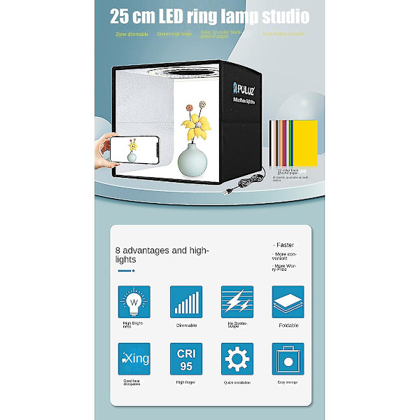 Bärbar LED-softbox, enkel hopfällbar fotostudio med 12-färgad bakgrundsduk